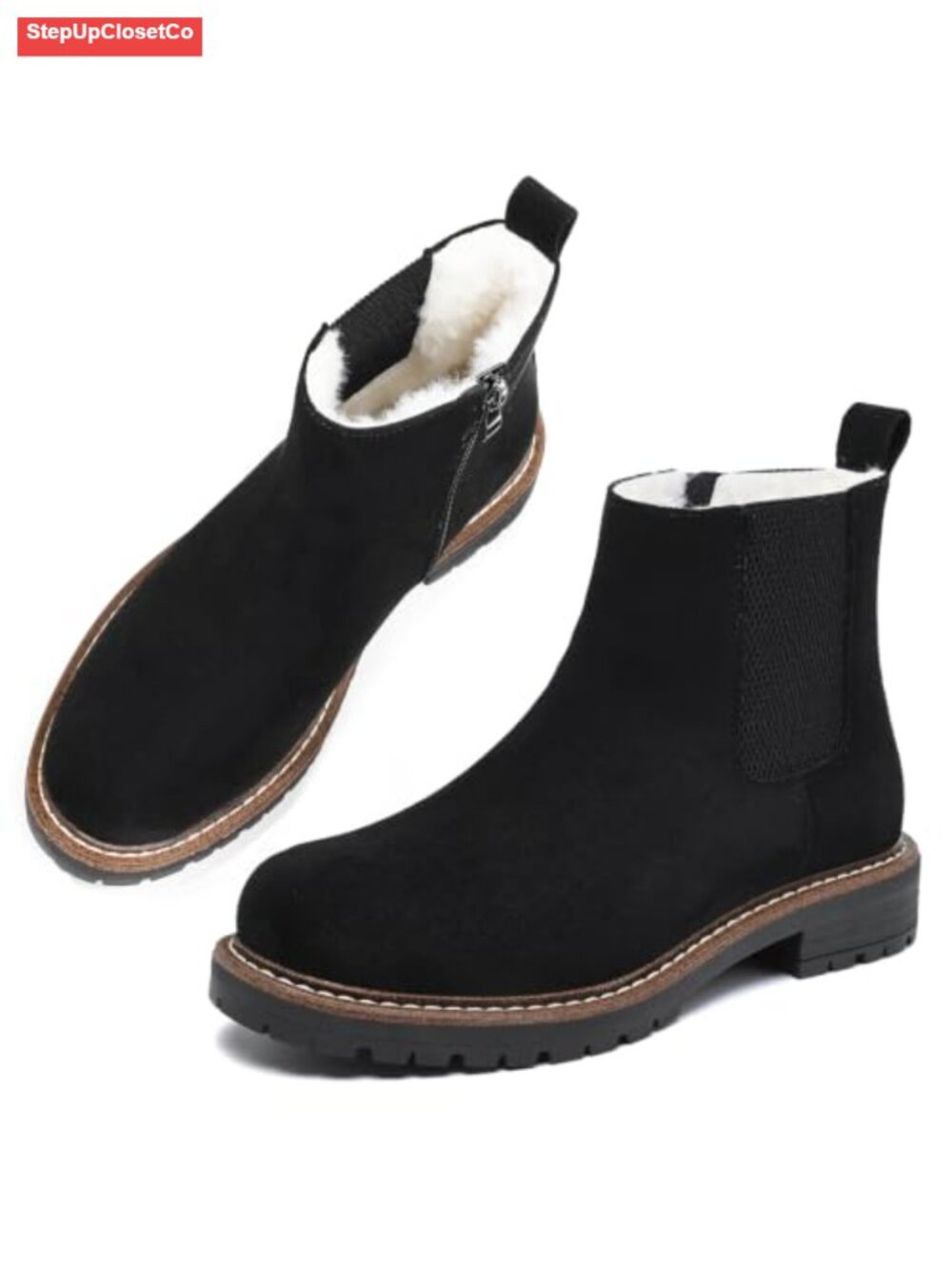 Women's Fur Lined Chelsea Boots Low Heel Warm Winter Ankle Boots Side Zipper